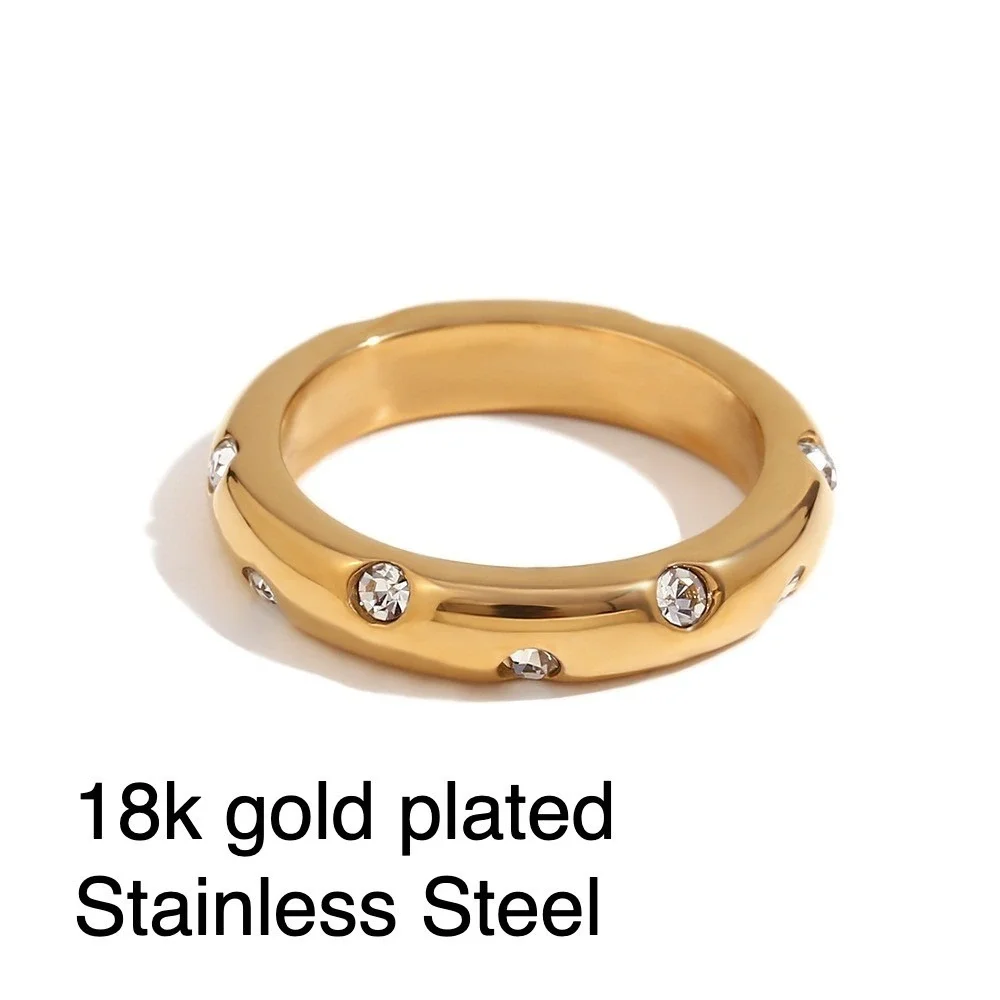 18k Gold Plated Stainless Steel Ring Rhinestone Accent‎ Minimalist Band Size 7